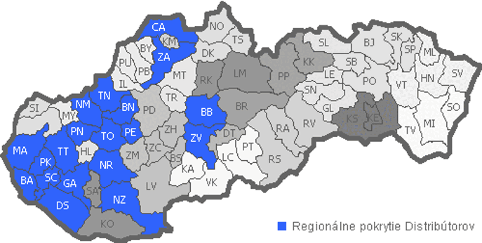 Regionálne pokrytie distribútorov Pí Produktov